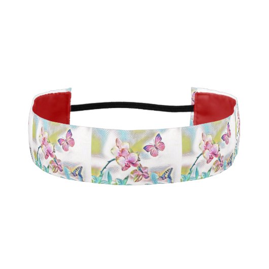 ピンクの蘭の花と蝶のスケッチ アスレチックヘッドバンド (正面)