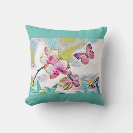 ピンクの蘭の花と蝶 クッション