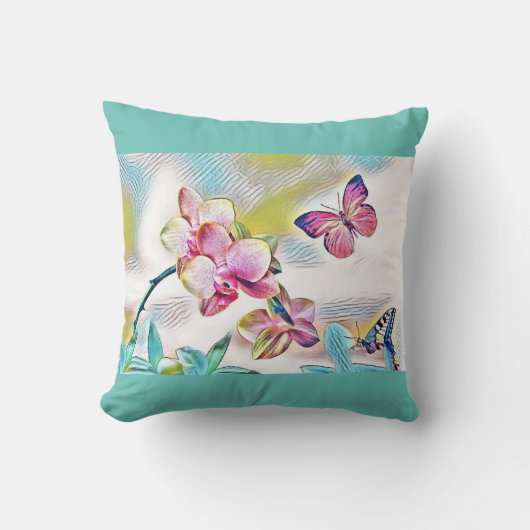 ピンクの蘭の花と蝶 クッション (正面)