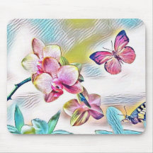 ピンクの蘭の花と蝶