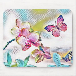 ピンクの蘭の花と蝶 マウスパッド