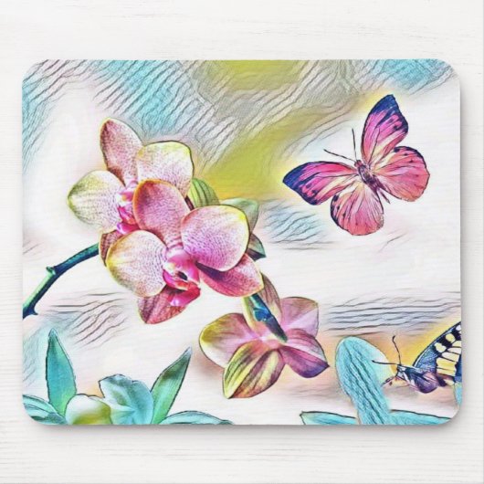 ピンクの蘭の花と蝶 マウスパッド (正面)