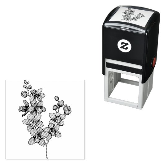 ピンクの蘭の花のシール付きの枝 セルフインキングスタンプ (インサイチュ)