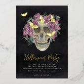 ピンクの蘭の花のドクロ ハロウィンパーティー 箔招待状 (正面)