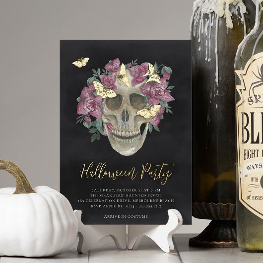 ピンクの蘭の花のドクロ ハロウィンパーティー 箔招待状