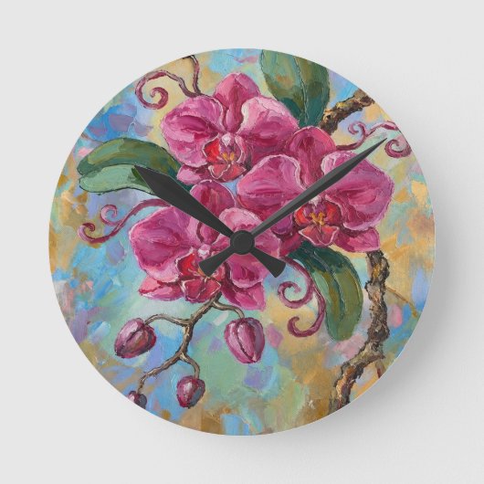 ピンクの蘭の花の絵 ラウンド壁時計 (正面)