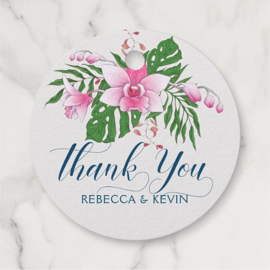 ピンクの蘭の花の花束ありがとうタイポグラフィ フェイバータグ (裏面)
