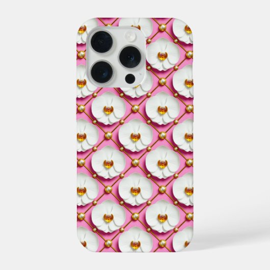ピンクの蘭の花咲くラグジュアリー✨ 白い花々 ゴールド iPhoneケース (裏面)