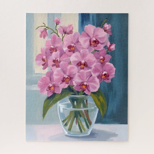 ピンクの蘭の花束の水彩画 ジグソーパズル (縦)
