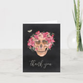 ピンクの蘭の花飾りドクロ サンキューカード (正面)