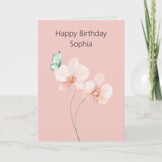 ピンクの蘭の花 ミントグリーンの蝶の誕生日 カード (正面)