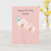 ピンクの蘭の花 ミントグリーンの蝶の誕生日 カード (黄色い花)