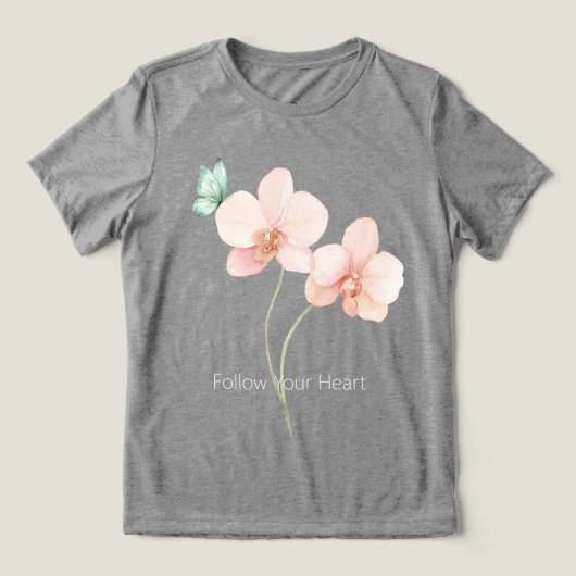 ピンクの蘭の花 ミントグリーンの蝶 トライブレンドTシャツ (デザイン正面)