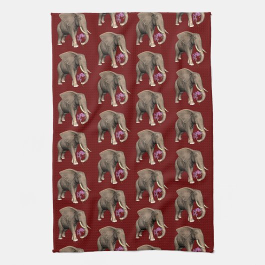 ピンクの蘭を持つ象 キッチンタオル (縦)