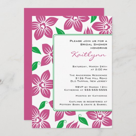 ピンクの蘭フレームのブライダルシャワーの招待状 招待状 (正面/裏面)