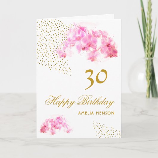 ピンクの蘭 水彩 ゴールドラメ 30歳の誕生日 カード (正面)