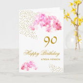 ピンクの蘭 水彩 ゴールドラメ 90歳の誕生日 カード (黄色い花)