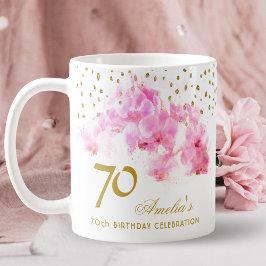 ピンクの蘭 水彩 金のラメ 70歳の誕生日 コーヒーマグカップ