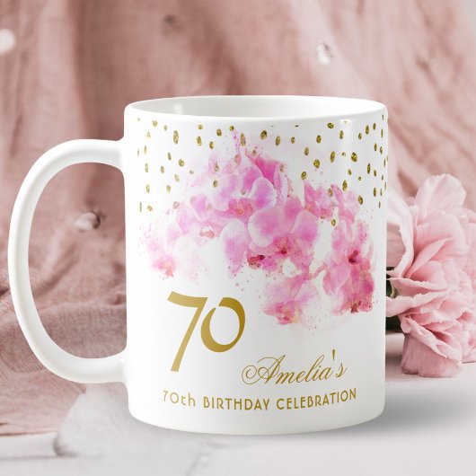 ピンクの蘭 水彩 金のラメ 70歳の誕生日 コーヒーマグカップ