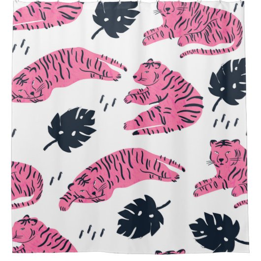 ピンクの虎はいろいろな位置にいる。熱帯リーア シャワーカーテン (正面)