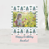 ピンクの虫 花柄 女の子 写真 誕生日 カード (正面)