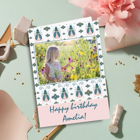 ピンクの虫 花柄 女の子 写真 誕生日 カード