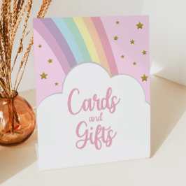 ピンクの虹と星のカードとギフトパーティーテーブル 台座サイン