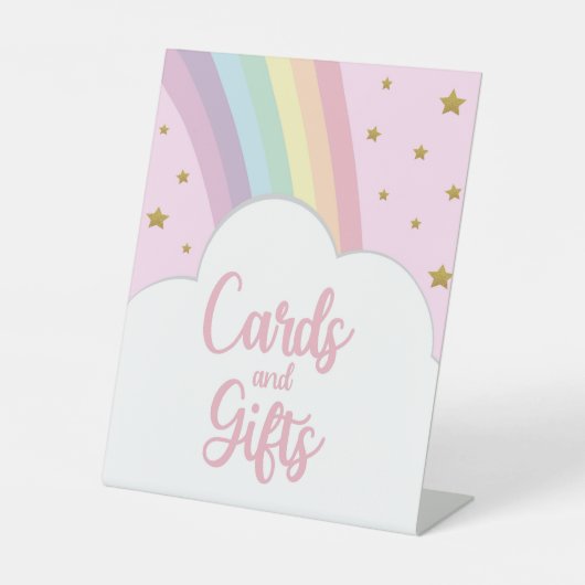 ピンクの虹と星のカードとギフトパーティーテーブル 台座サイン (正面)