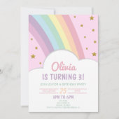ピンクの虹と星の子供の誕生日パーティー 招待状 (正面)