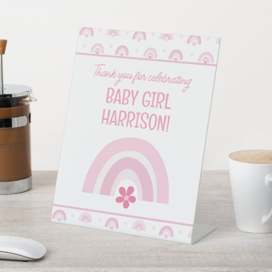 ピンクの虹と花赤ちゃんシャワー 台座サイン (インサイチュ)