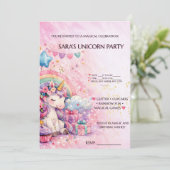 ピンクの虹のかかったマジカルユニコーンの誕生日招待状 招待状 (スタンド正面)