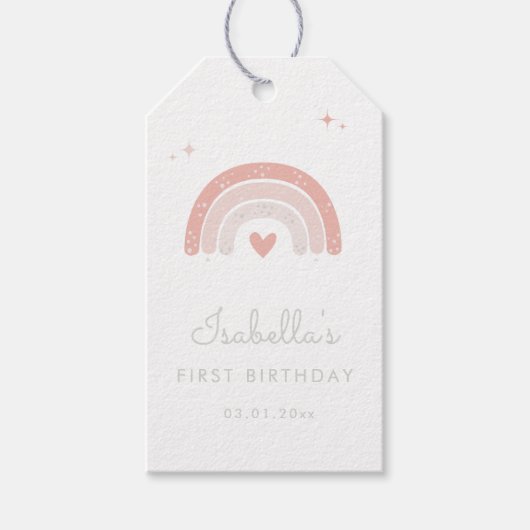 ピンクの虹の1歳誕生日水彩  ギフトタグ (正面)