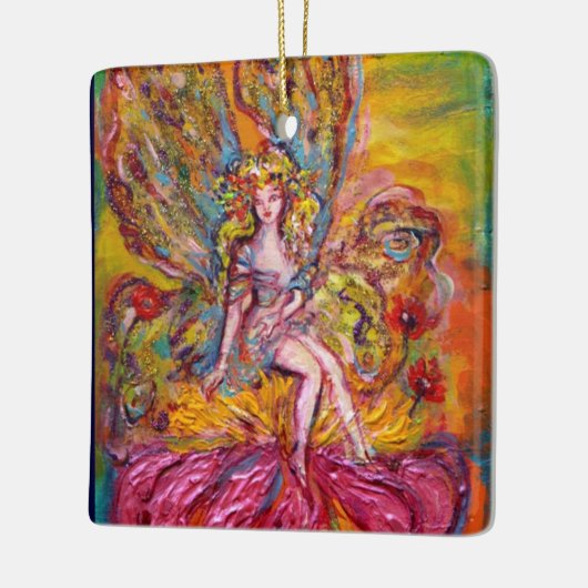 ピンクの虹彩の花の妖精ファンタジー セラミックオーナメント (左)