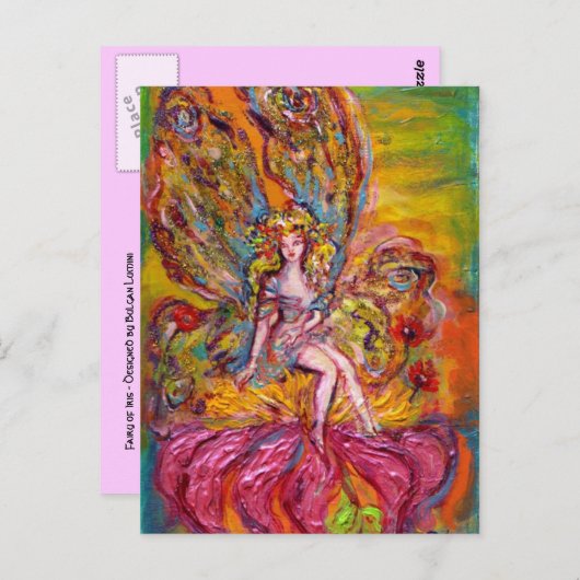 ピンクの虹彩の花の妖精ファンタジー ポストカード (正面/裏面)