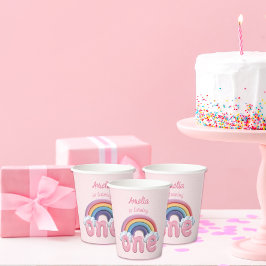 ピンクの虹1歳の誕生日おめでとう 紙コップ