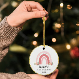 ピンクの虹 赤ちゃんの最初のクリスマス 両面 セラミックオーナメント