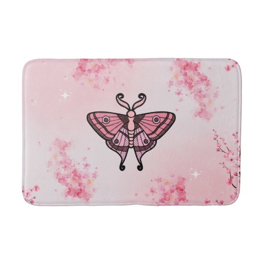 ピンクの蛾、桜水疱、桜背景 バスマット (正面)