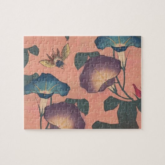 ピンクの蜂と花 葛飾北斎クラシックアート ジグソーパズル (横)