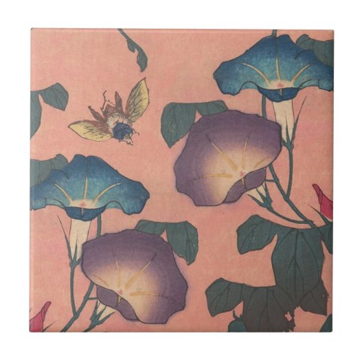 ピンクの蜂の花 葱の花 クラシック 北斎 アート タイル (正面)