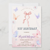 ピンクの蝶々と花のストライプの誕生日 招待状 (正面)