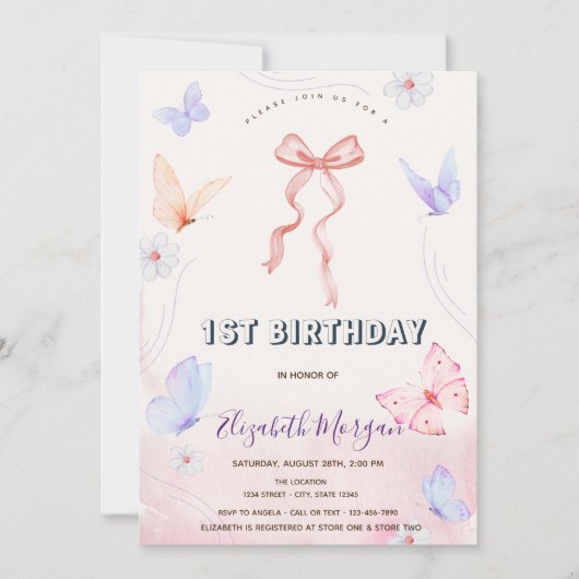 ピンクの蝶々と花のストライプの誕生日 招待状 (正面)