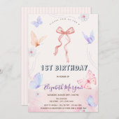 ピンクの蝶々と花のストライプの誕生日 招待状 (正面/裏面)