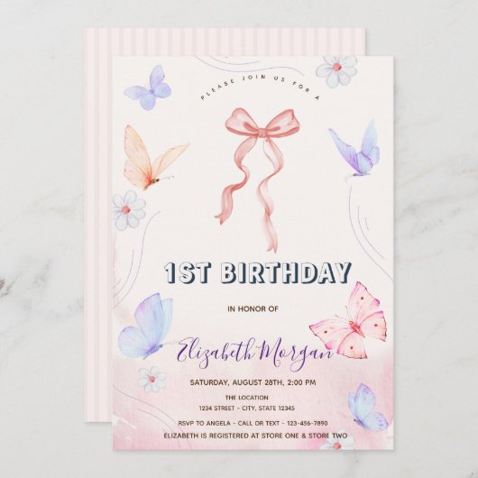 ピンクの蝶々と花のストライプの誕生日 招待状 (正面/裏面)