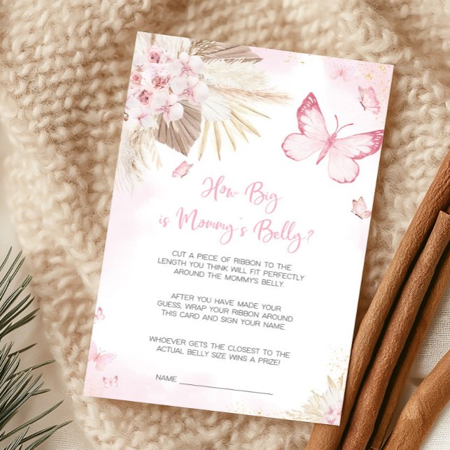 ピンクの蝶々 ママのお腹はどのくらい大きいの？ゲーム (Girl Butterfly Pampas Grass Baby Shower How Big Is Mommy's Belly Game)