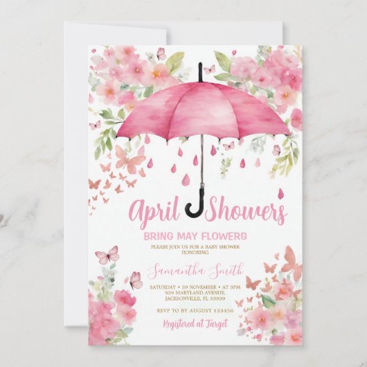 ピンクの蝶々 四月の雨が五月の花を咲かせる 招待状 (正面)