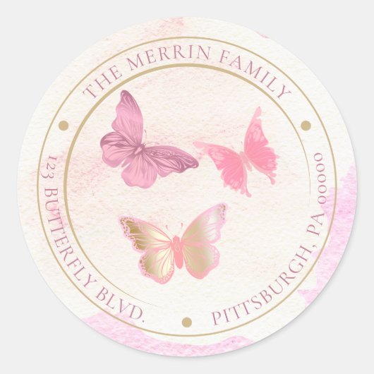 ピンクの蝶が円形に舞う返信先住所 ラウンドシール (正面)