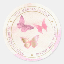 ピンクの蝶が円形に舞う返信先住所 ラウンドシール
