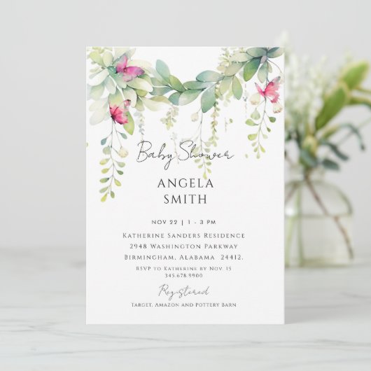 ピンクの蝶が葉を滴らせる赤ちゃんシャワー 招待状 (スタンド正面)