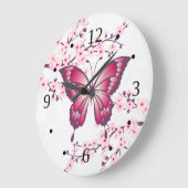 ピンクの蝶とさくらんぼの花 ラージ壁時計 (傾斜)