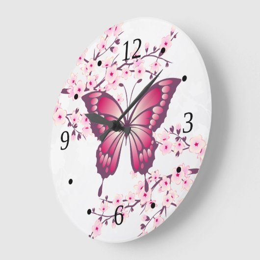 ピンクの蝶とさくらんぼの花 ラージ壁時計 (傾斜)